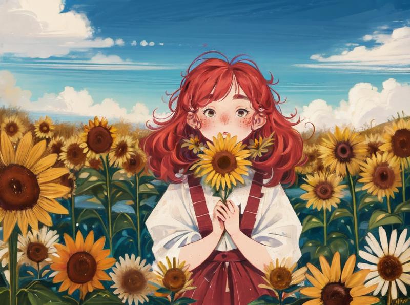 03948-1282908532-best quality,masterpiece,ultra high res,childpaiting,1girl,solo,crayon drawing,_sunflower,sky,outdoors,surreal,freckles,.png